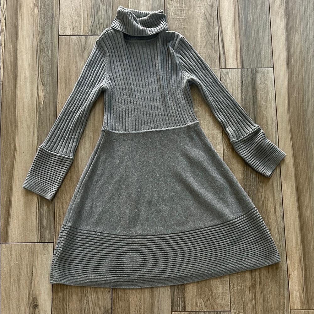 Gray Ribbed Turtleneck Sweater Dress
